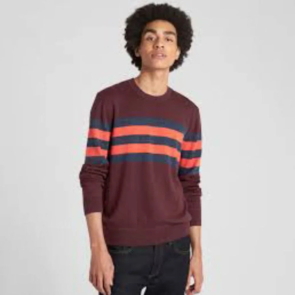 GAP FOR GOOD MAINSTAY SWEATER MENS SZ M BURGUNDY STRIPE CREWNECK CLASSIC - Picture 7 of 7